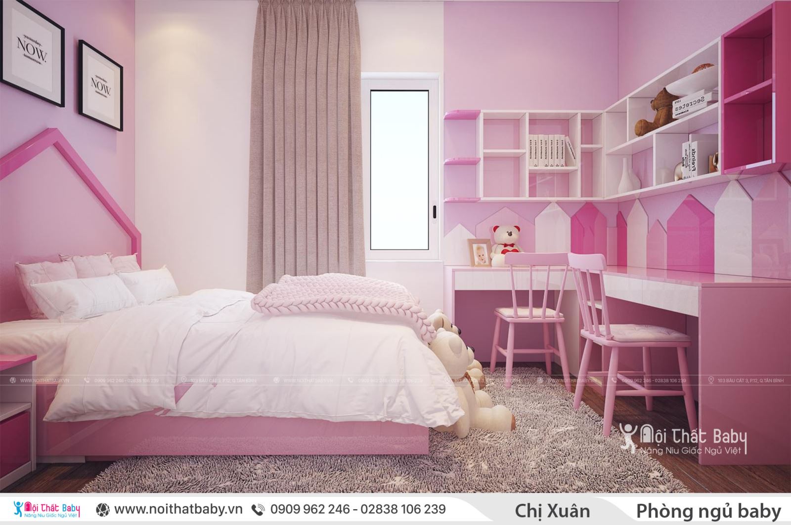 Thiết kế nội thất phòng ngủ bé gái màu hồng dễ thương